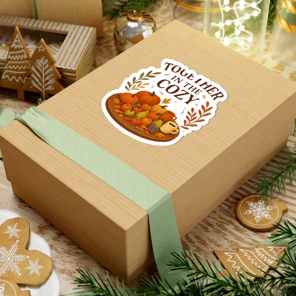 Together in the Cozy Fall Sticker — Autumn Pumpkin & Hot Drink Kiss-Cut Sticker