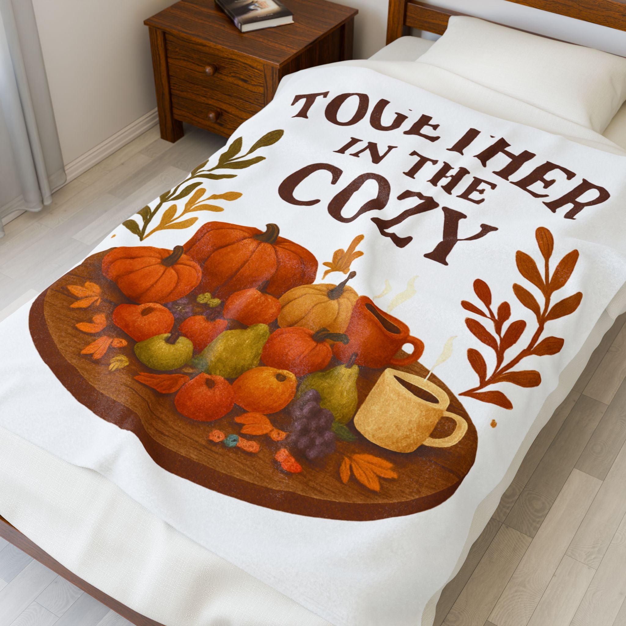 Velveteen Throw Blanket — "Together in the Cozy" Autumn Pumpkin & Warm Drink Design