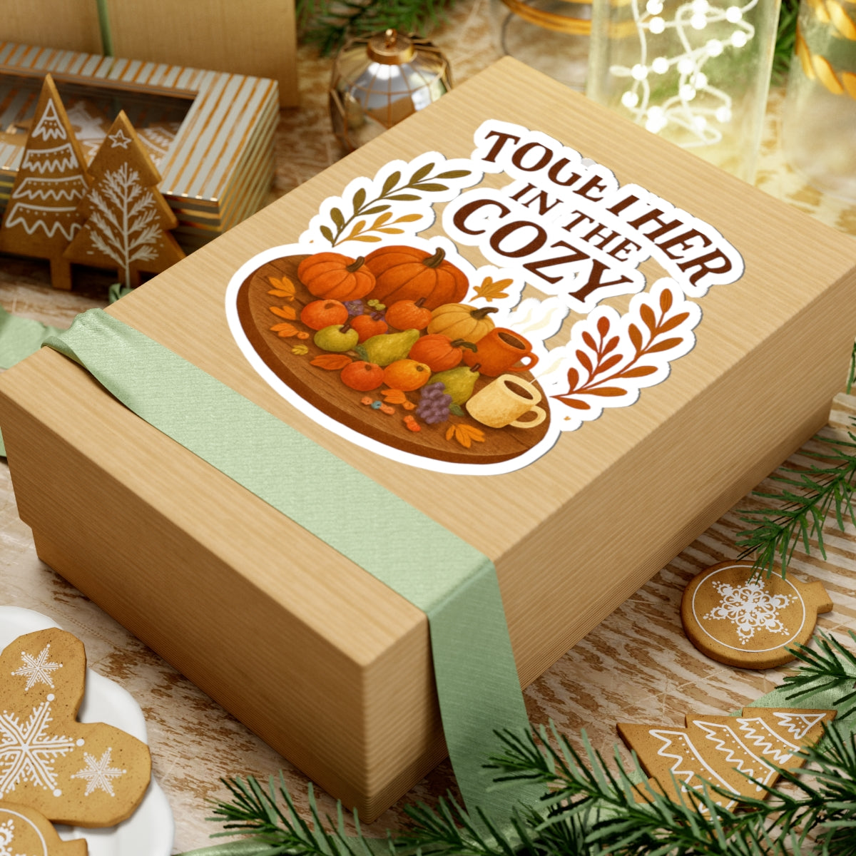 Together in the Cozy Fall Sticker — Autumn Pumpkin & Hot Drink Kiss-Cut Sticker