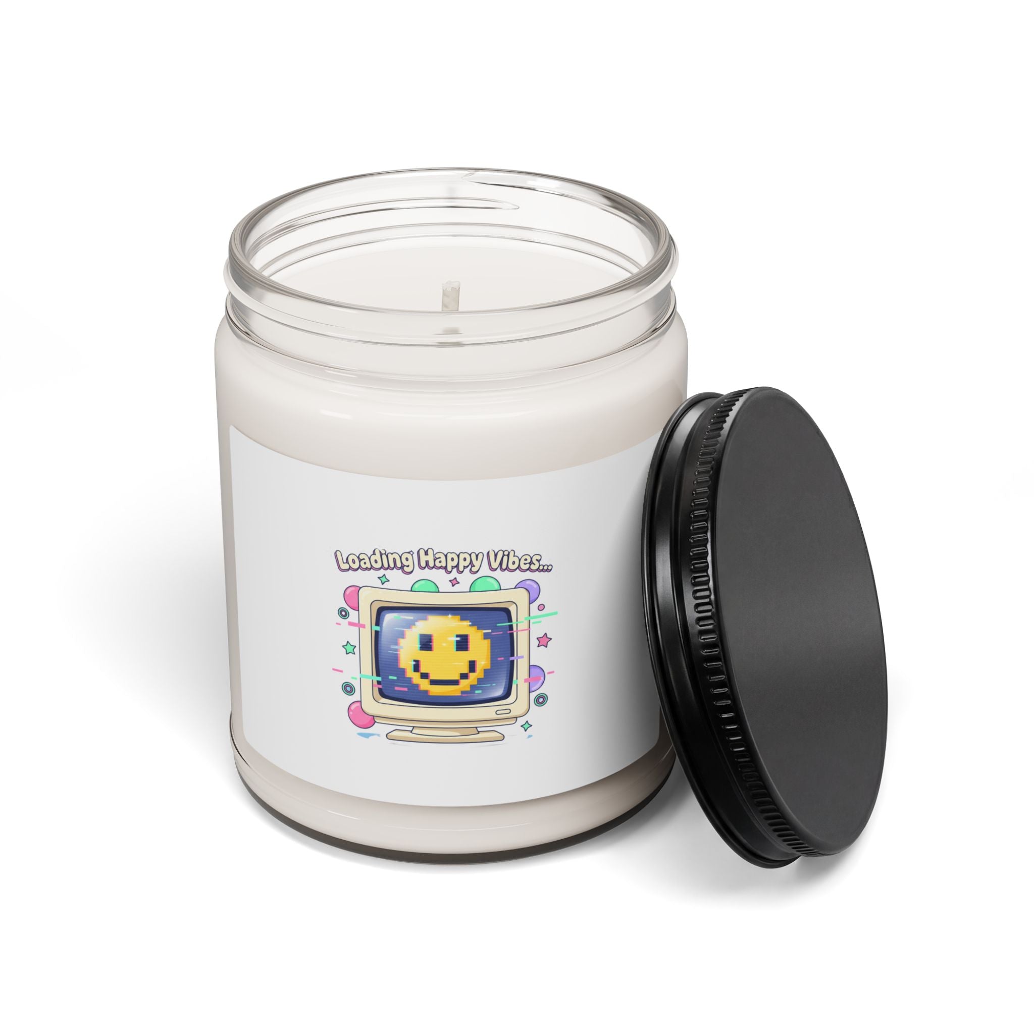 Loading Happy Vibes Pixel Art Candle, Soy Jar | Y2K Retro Tech Nostalgia