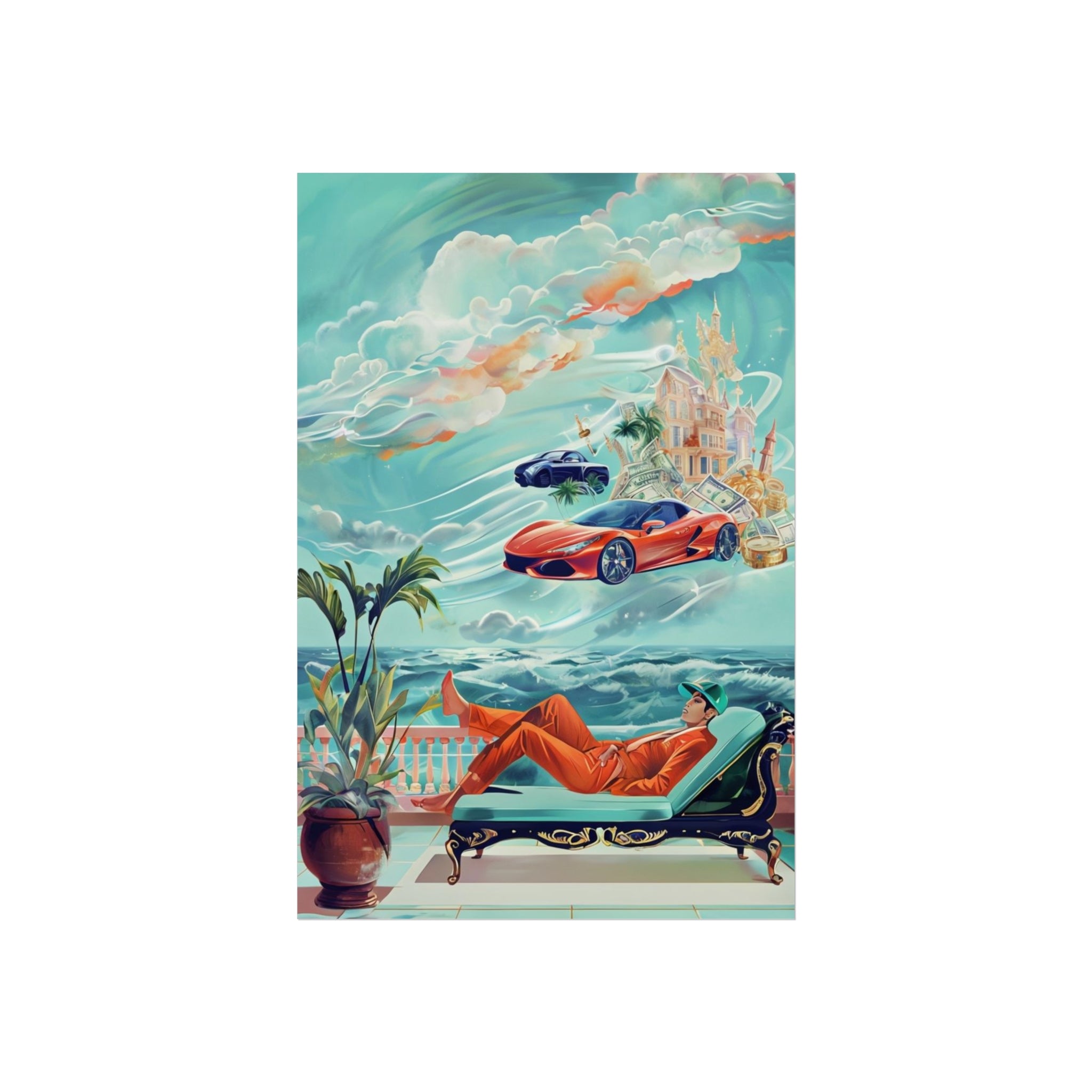 Surreal Coastline Art Poster — Dreamy Sports Car & Lounging Figure Print