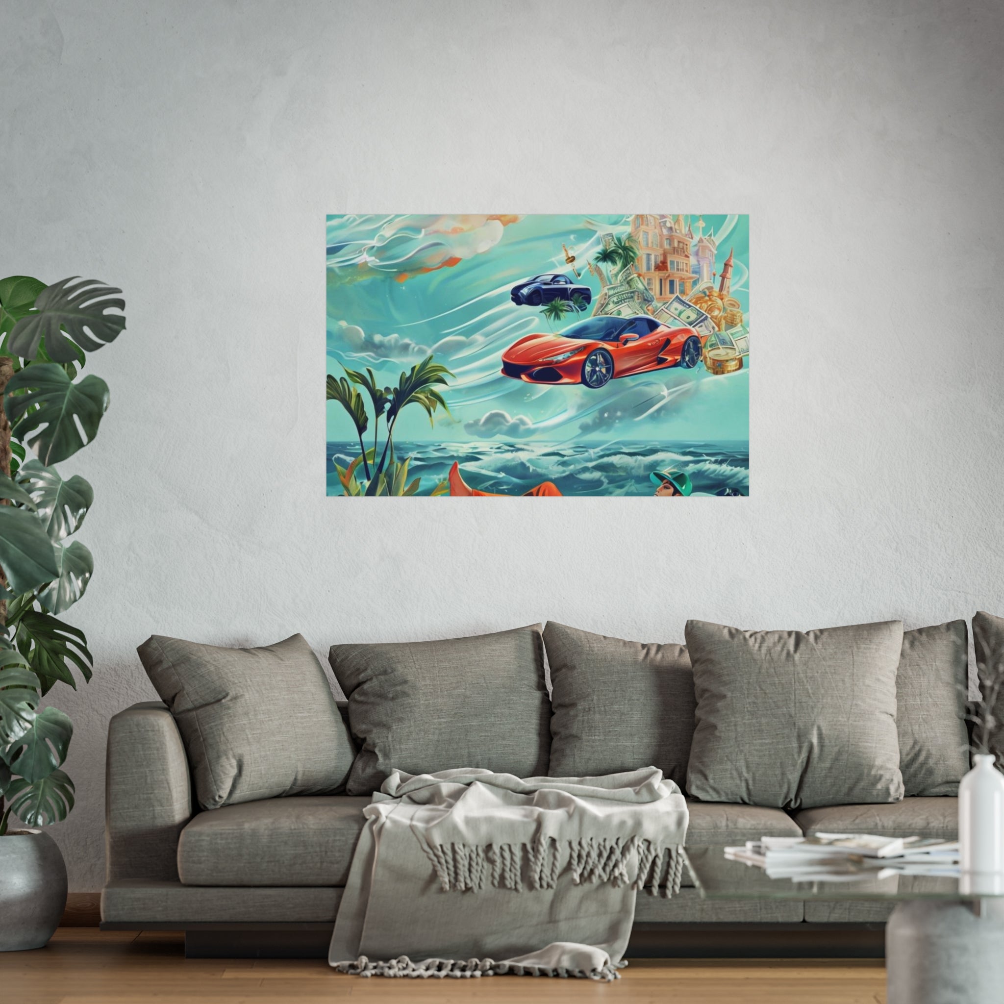 Surreal Coastline Art Poster — Dreamy Sports Car & Lounging Figure Print