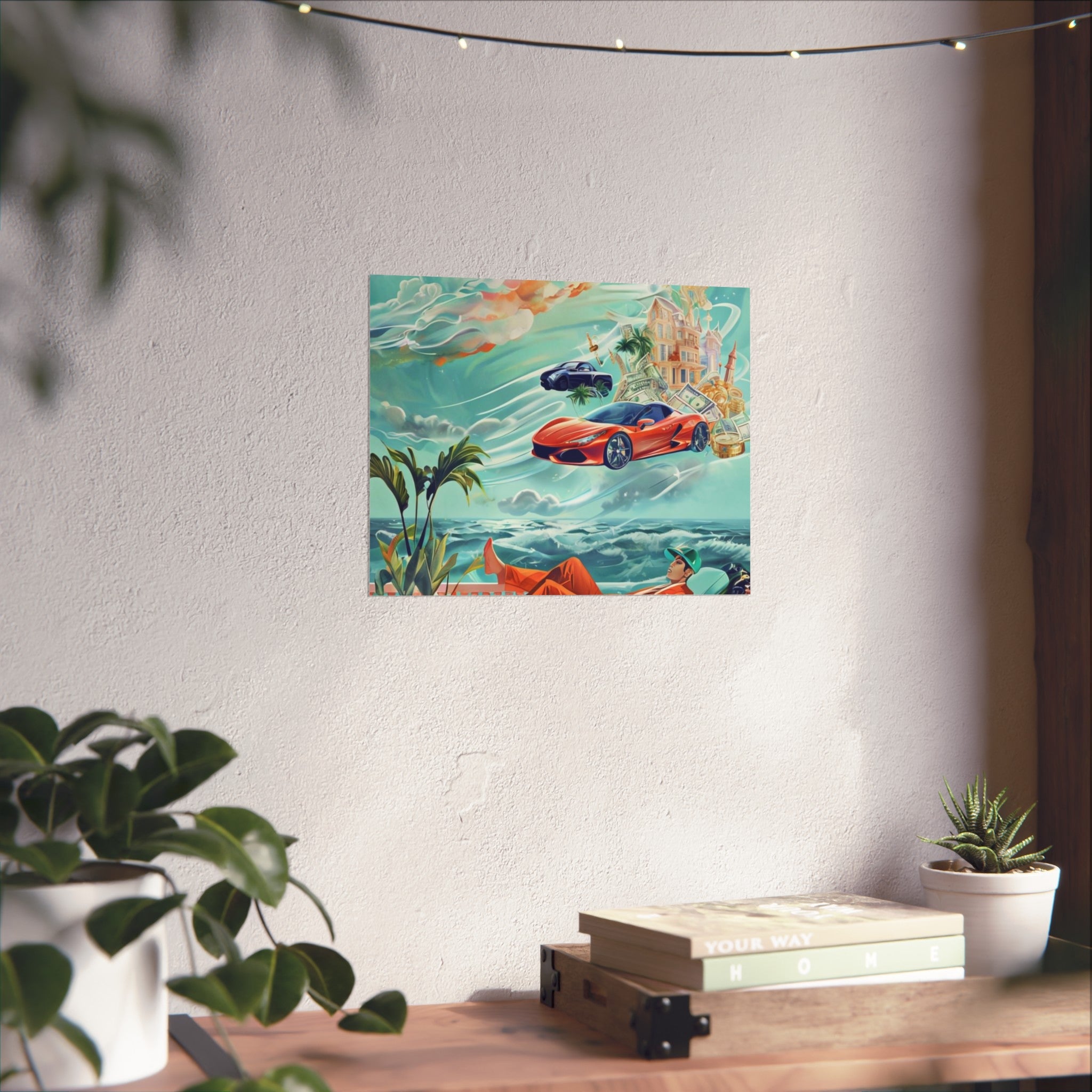 Surreal Coastline Art Poster — Dreamy Sports Car & Lounging Figure Print