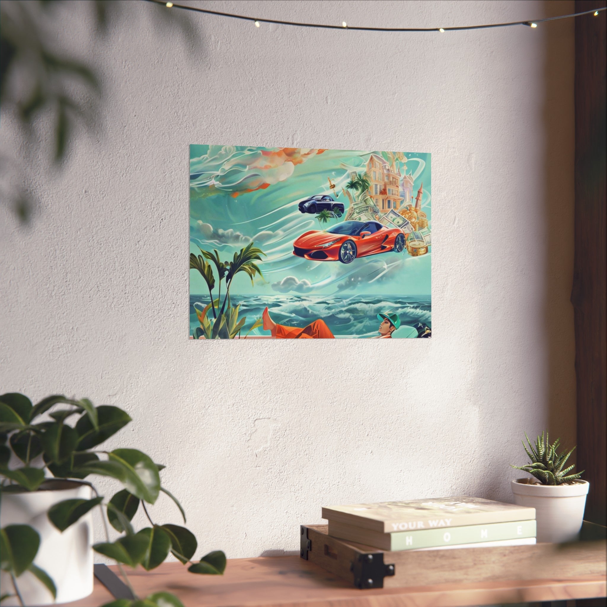Surreal Coastline Art Poster — Dreamy Sports Car & Lounging Figure Print