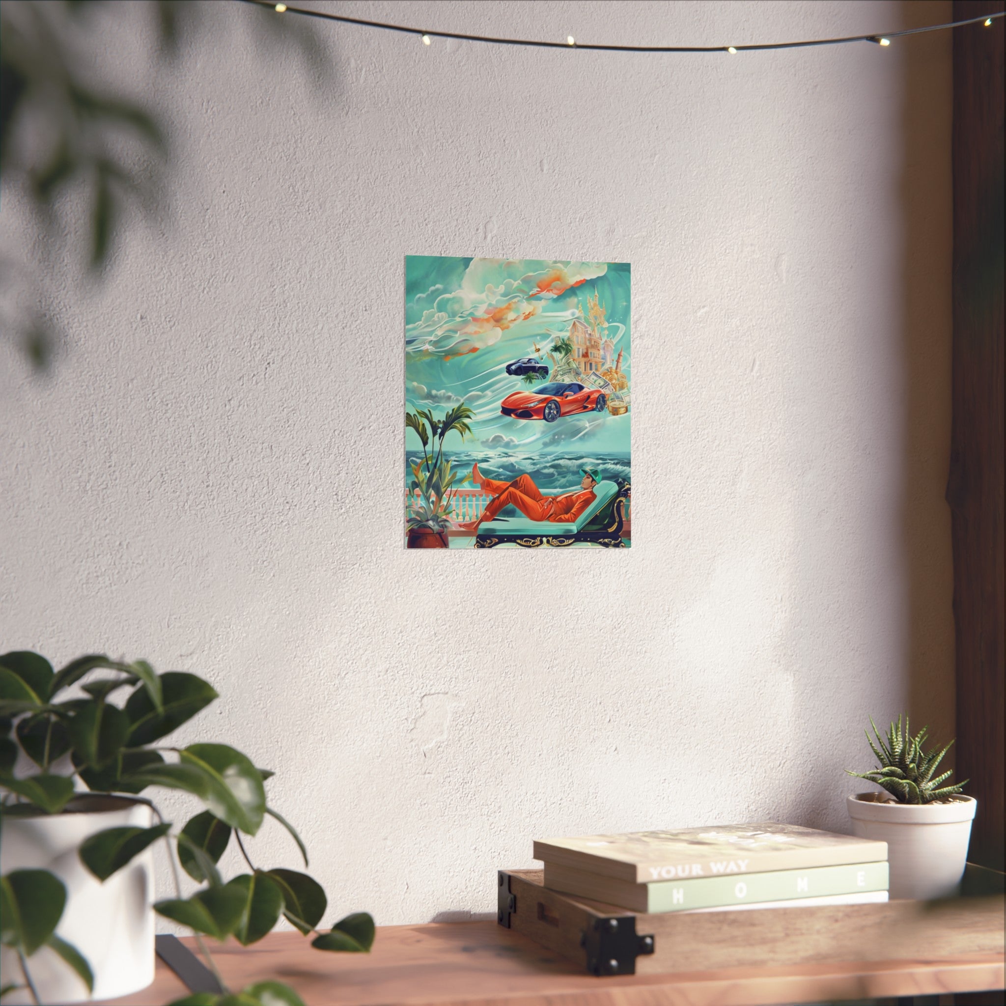 Surreal Coastline Art Poster — Dreamy Sports Car & Lounging Figure Print