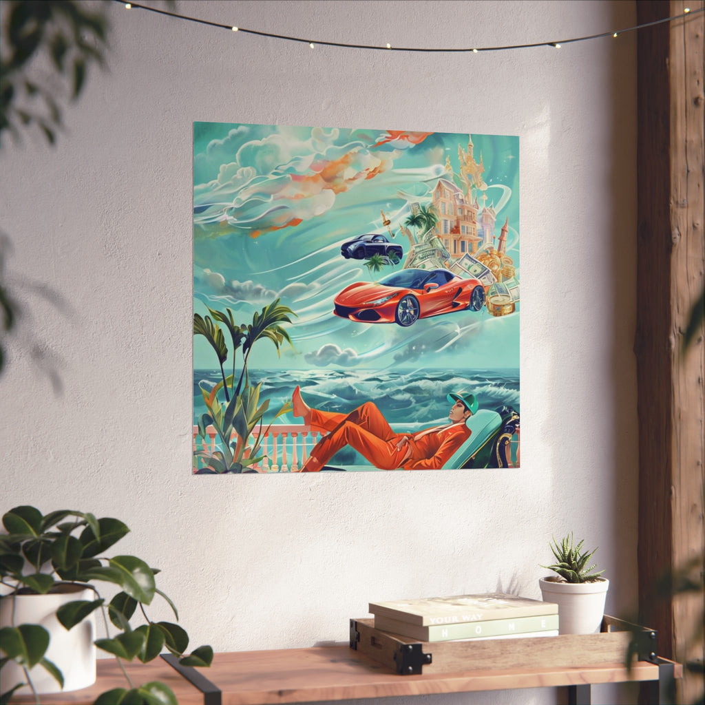 Surreal Coastline Art Poster — Dreamy Sports Car & Lounging Figure Print
