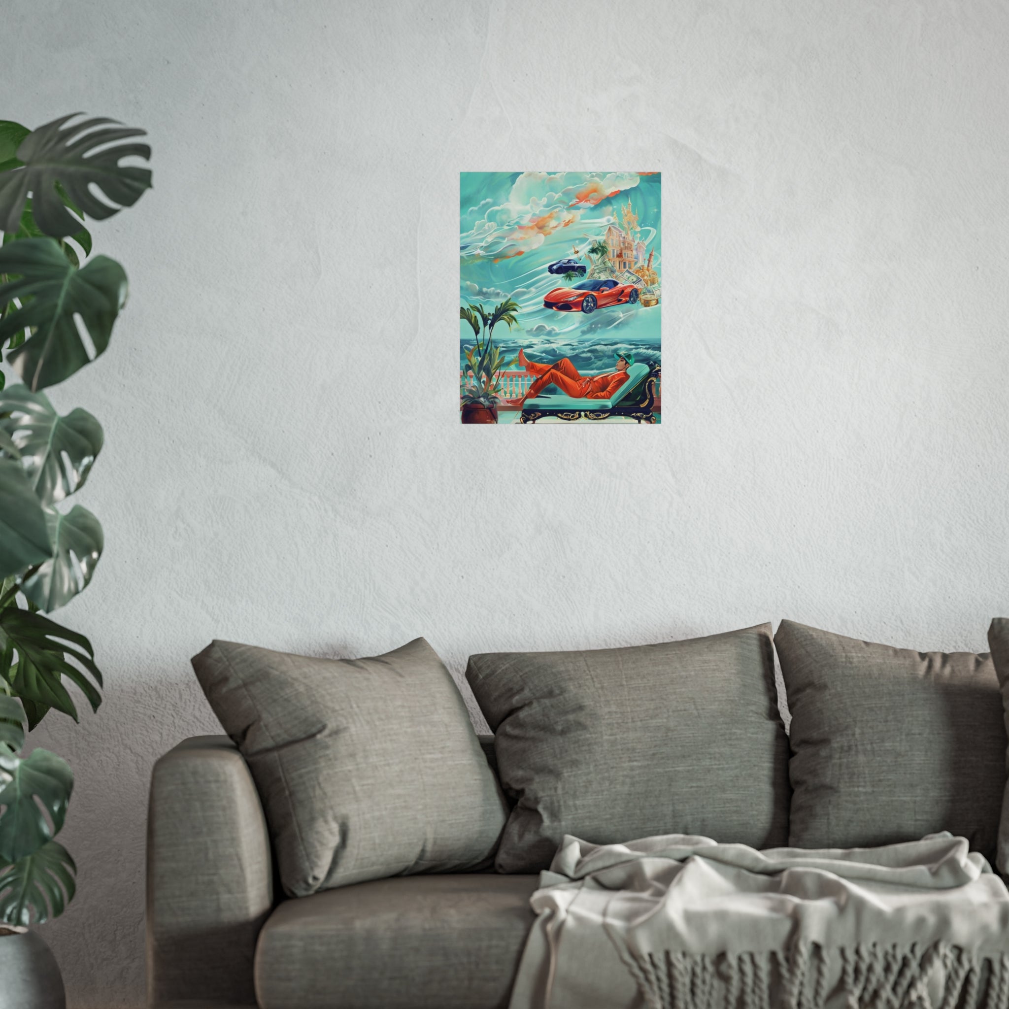 Surreal Coastline Art Poster — Dreamy Sports Car & Lounging Figure Print