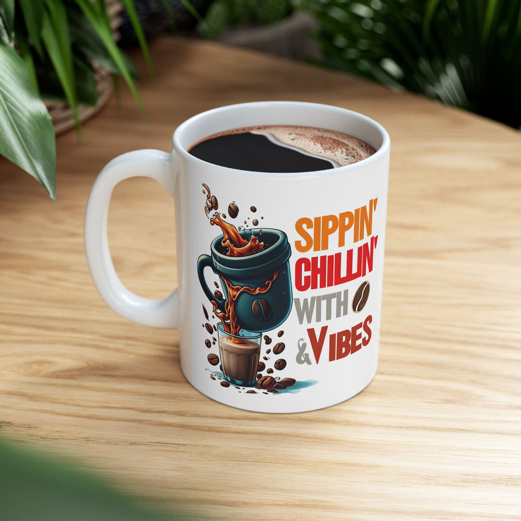 Sippin Chilling with Coffee and Vibes - Cute Mug, Ceramic Mug, Coffee Mug, Latte Mug, Mom Mug, Mugs with Sayings, Gift for Her