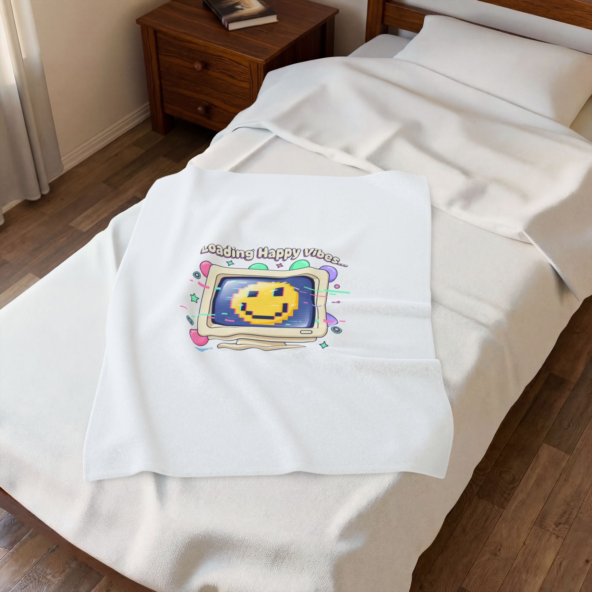 Loading Happy Vibes Retro OS Pixel Smiley Blanket | Y2K Retro Tech Nostalgia