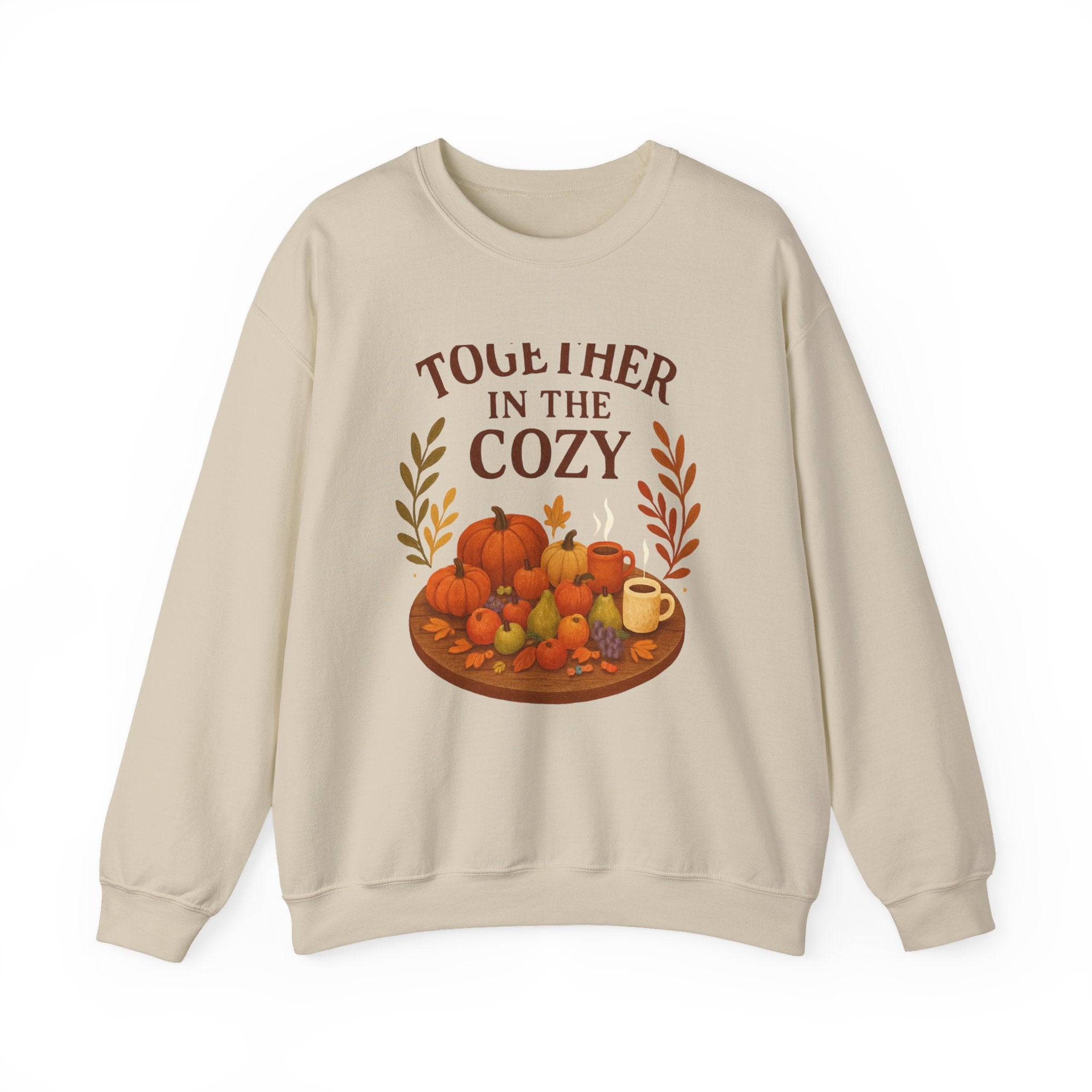 Cozy Fall Sweatshirt — "Together in the Cozy" Pumpkin & Mug Crewneck