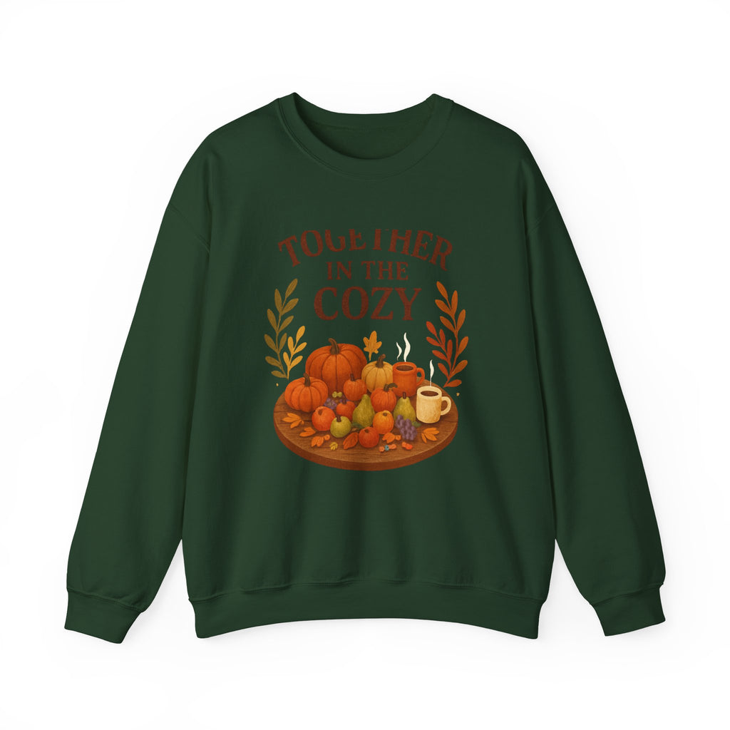 Cozy Fall Sweatshirt — "Together in the Cozy" Pumpkin & Mug Crewneck