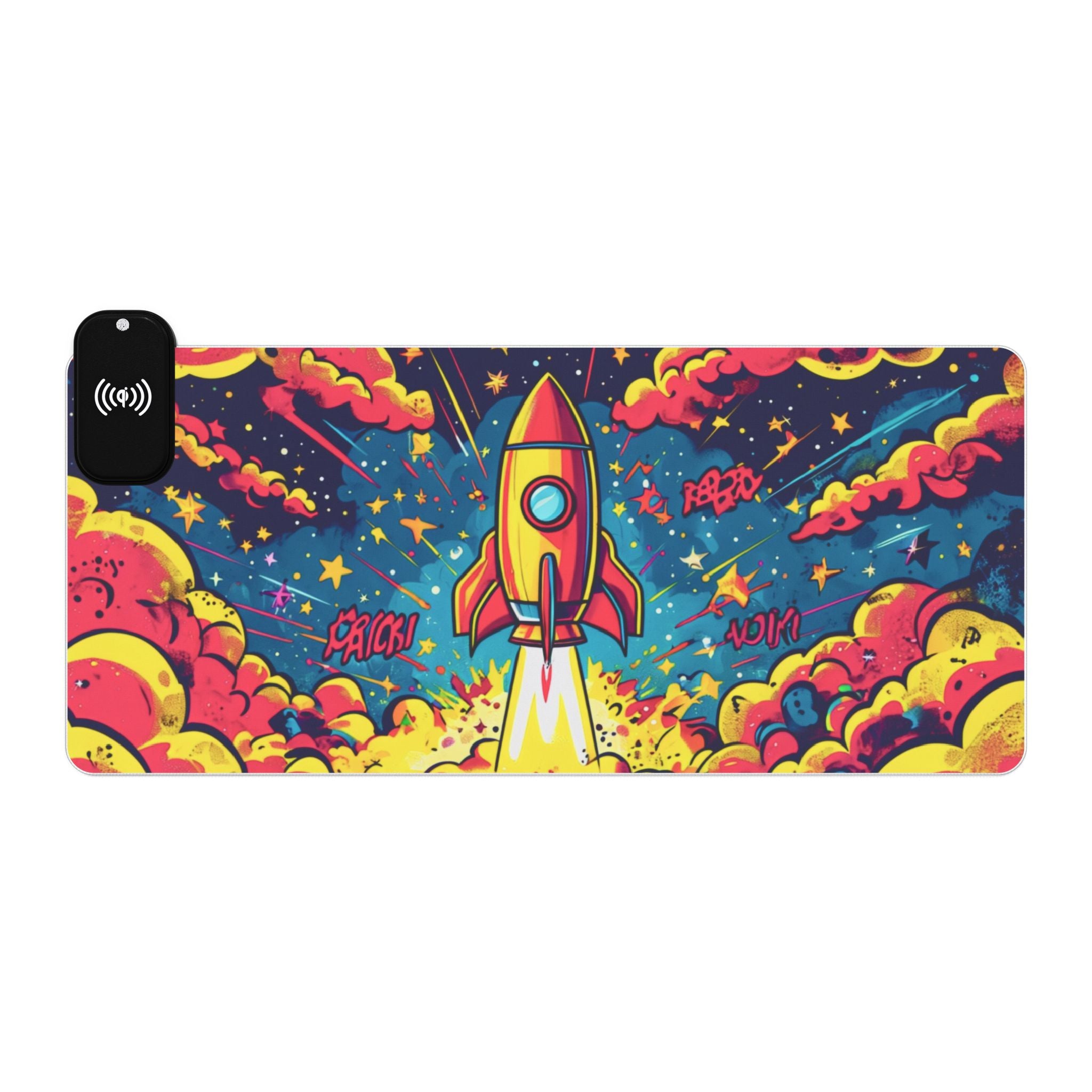 LED Gaming Mouse Pad with Wireless Charging - Rocket Launch Design