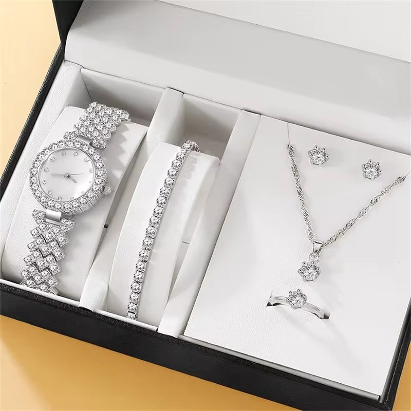 Glamorous 6-Piece Women's Rhinestone Jewelry Set with Luxury Watch, Ring, Necklace, and Earrings - Perfect for Any Occasion
