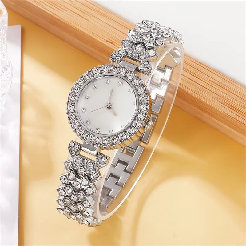 Glamorous 6-Piece Women's Rhinestone Jewelry Set with Luxury Watch, Ring, Necklace, and Earrings - Perfect for Any Occasion