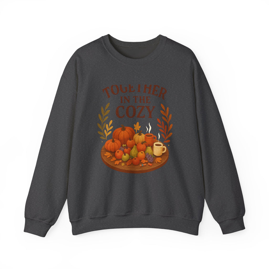 Cozy Fall Sweatshirt — "Together in the Cozy" Pumpkin & Mug Crewneck