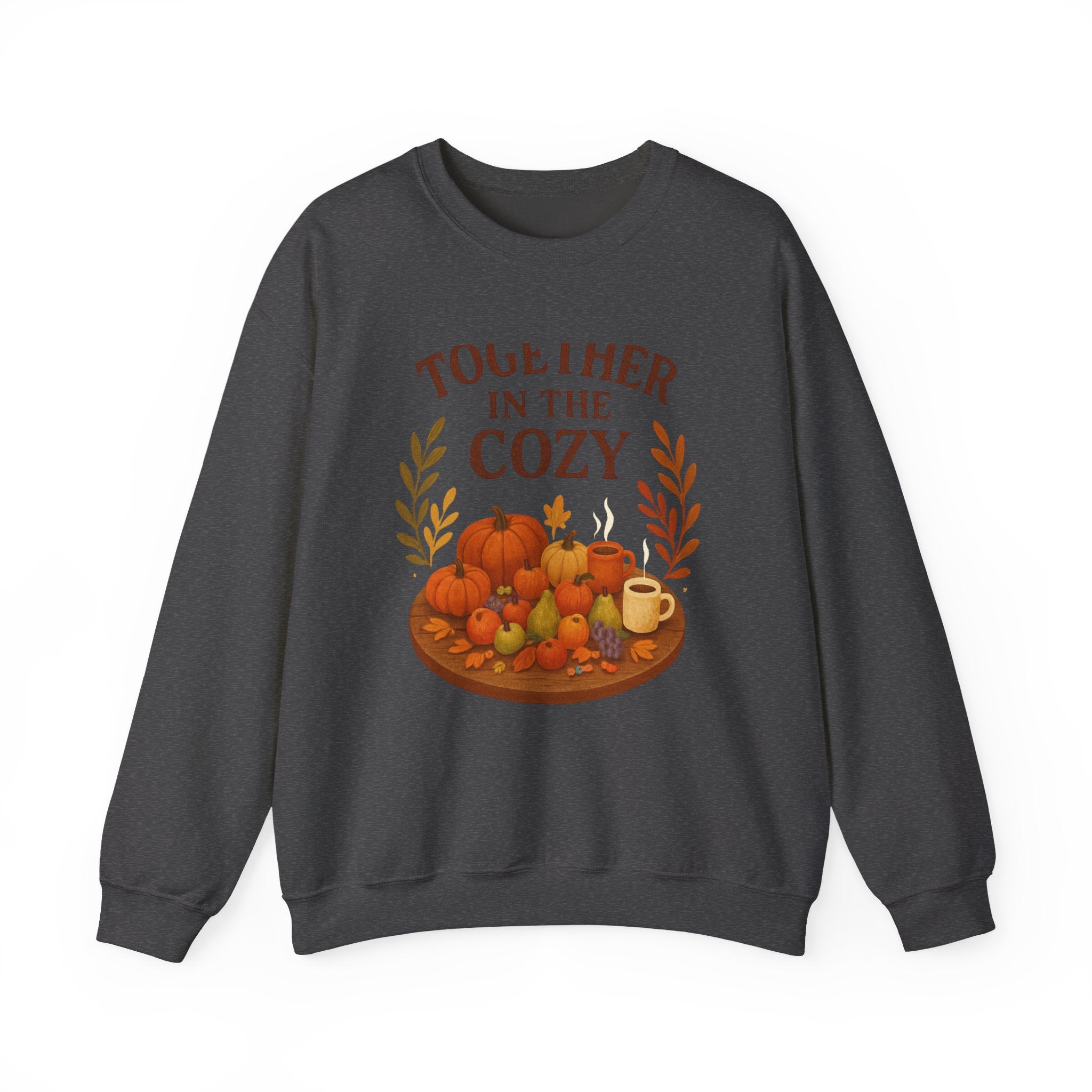 Cozy Fall Sweatshirt — "Together in the Cozy" Pumpkin & Mug Crewneck