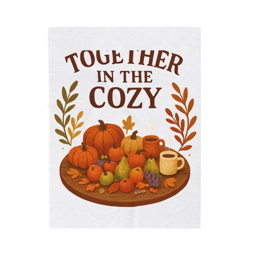 Velveteen Throw Blanket — "Together in the Cozy" Autumn Pumpkin & Warm Drink Design
