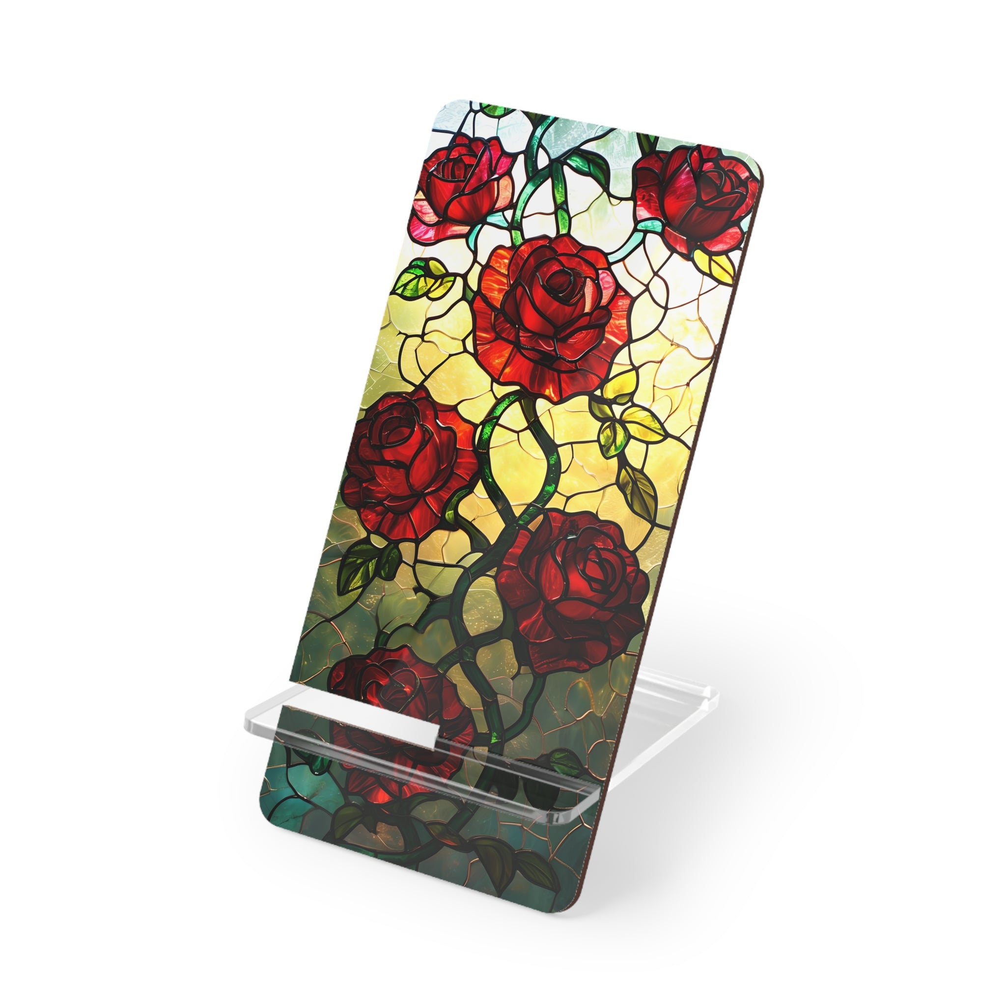 Stained Glass Rose Mobile Stand | Desk Accessory, Phone Holder, Gift for Her, Home Decor, Office Supplies, Floral Design