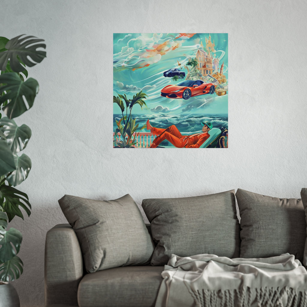 Surreal Coastline Art Poster — Dreamy Sports Car & Lounging Figure Print