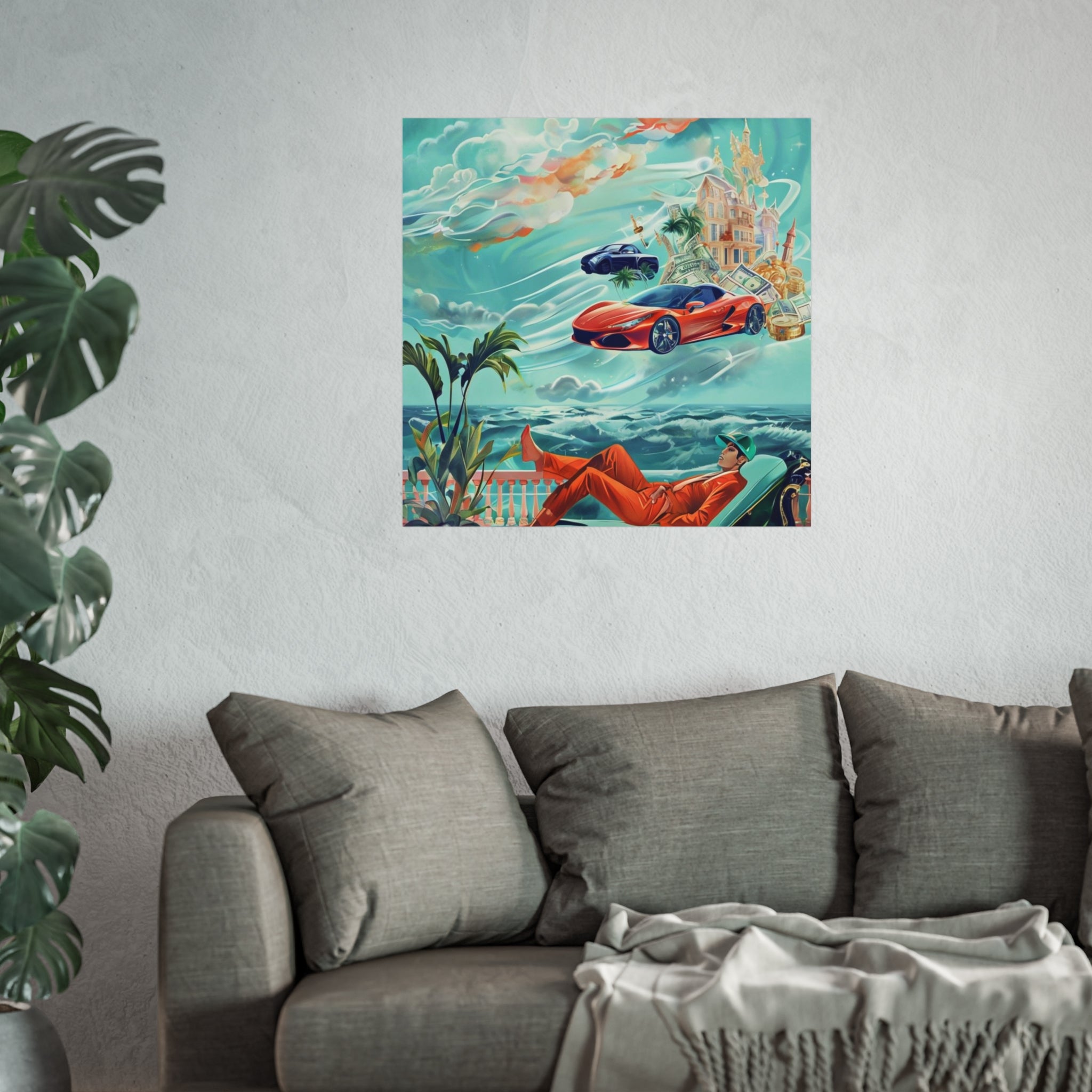 Surreal Coastline Art Poster — Dreamy Sports Car & Lounging Figure Print