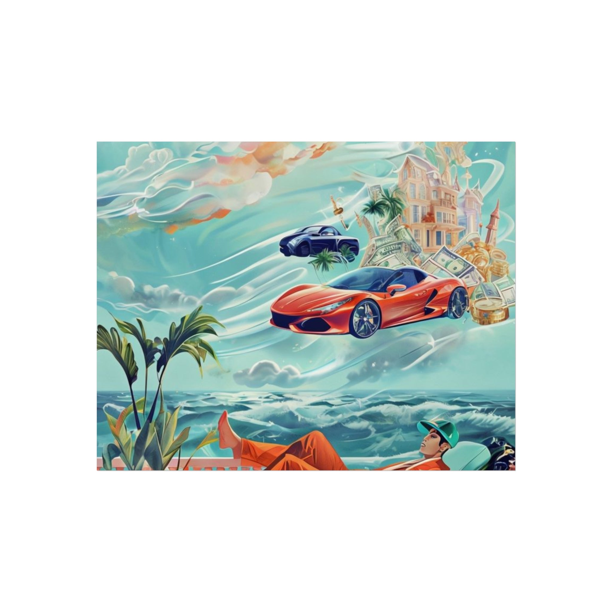 Surreal Coastline Art Poster — Dreamy Sports Car & Lounging Figure Print