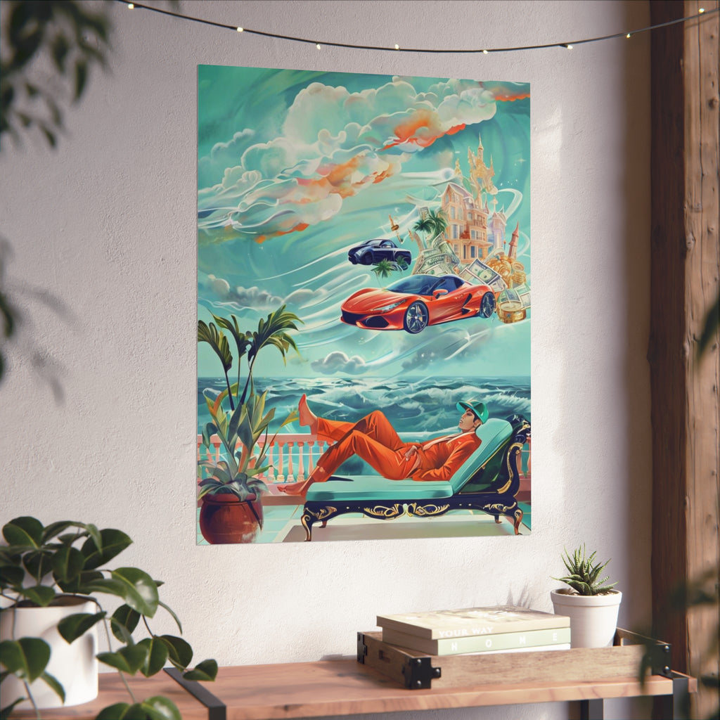 Surreal Coastline Art Poster — Dreamy Sports Car & Lounging Figure Print