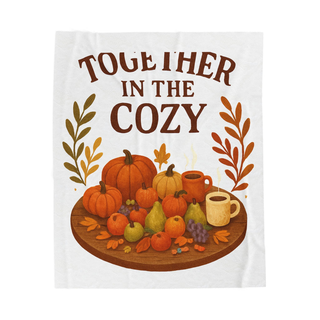 Velveteen Throw Blanket — "Together in the Cozy" Autumn Pumpkin & Warm Drink Design