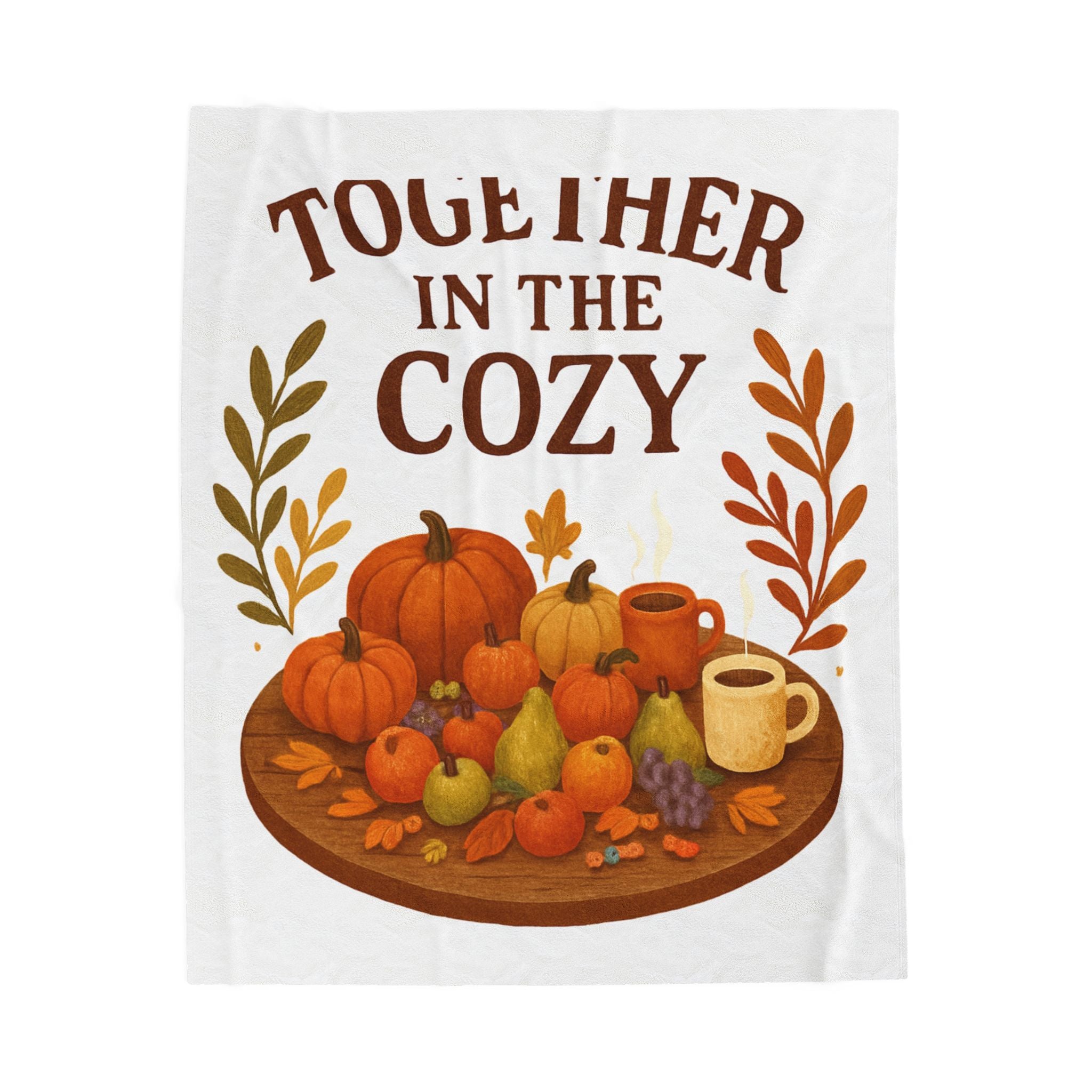 Velveteen Throw Blanket — "Together in the Cozy" Autumn Pumpkin & Warm Drink Design