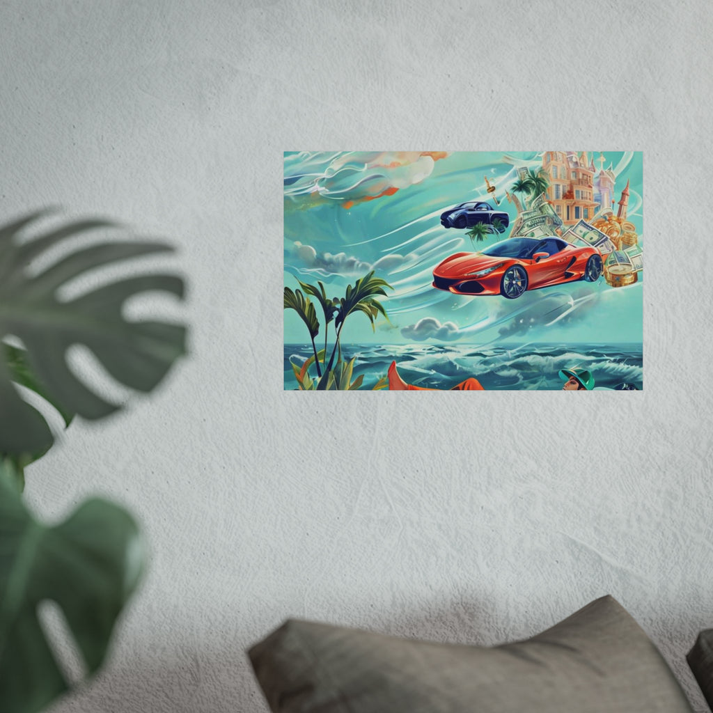 Surreal Coastline Art Poster — Dreamy Sports Car & Lounging Figure Print