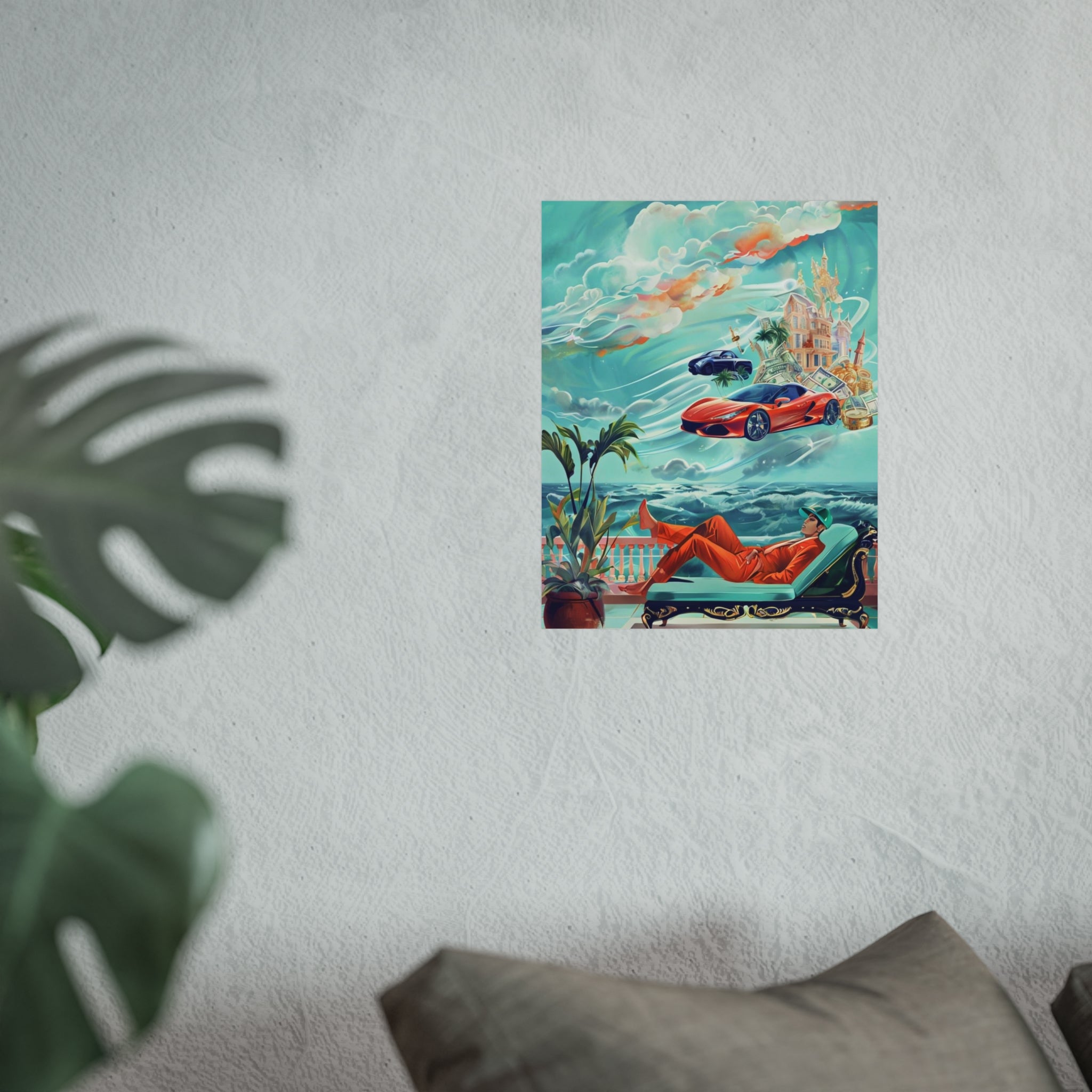 Surreal Coastline Art Poster — Dreamy Sports Car & Lounging Figure Print