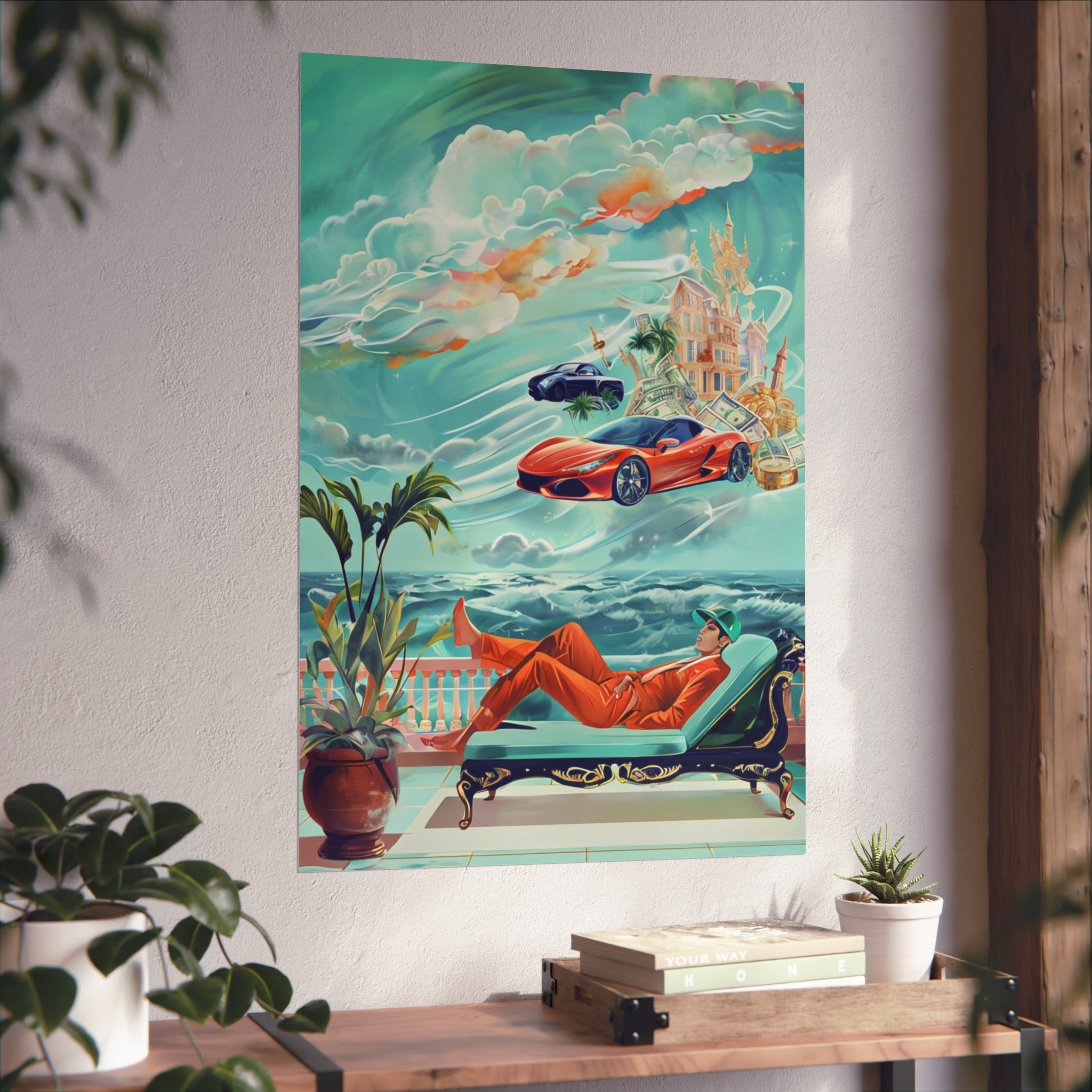 Surreal Coastline Art Poster — Dreamy Sports Car & Lounging Figure Print