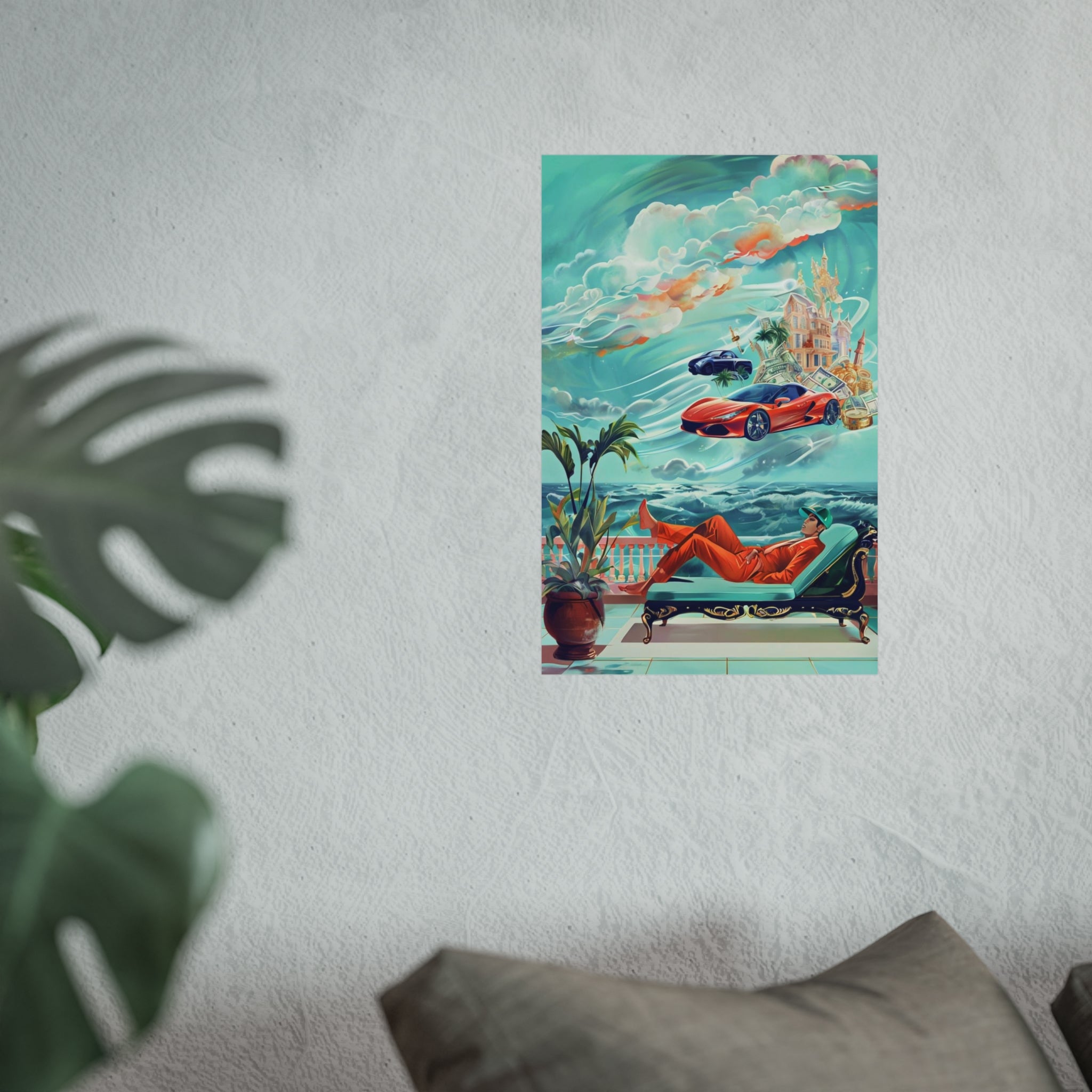 Surreal Coastline Art Poster — Dreamy Sports Car & Lounging Figure Print