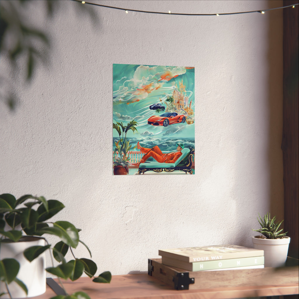 Surreal Coastline Art Poster — Dreamy Sports Car & Lounging Figure Print