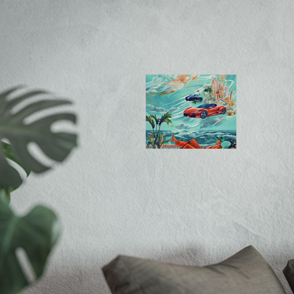 Surreal Coastline Art Poster — Dreamy Sports Car & Lounging Figure Print
