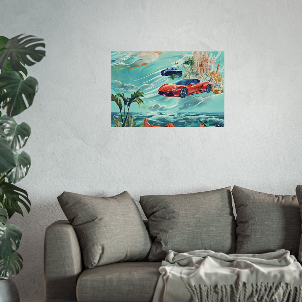 Surreal Coastline Art Poster — Dreamy Sports Car & Lounging Figure Print