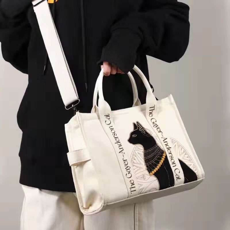 Chic Cat Embroidered Canvas Shoulder Bag - Perfect Messenger Crossbody for Students & Everyday Use