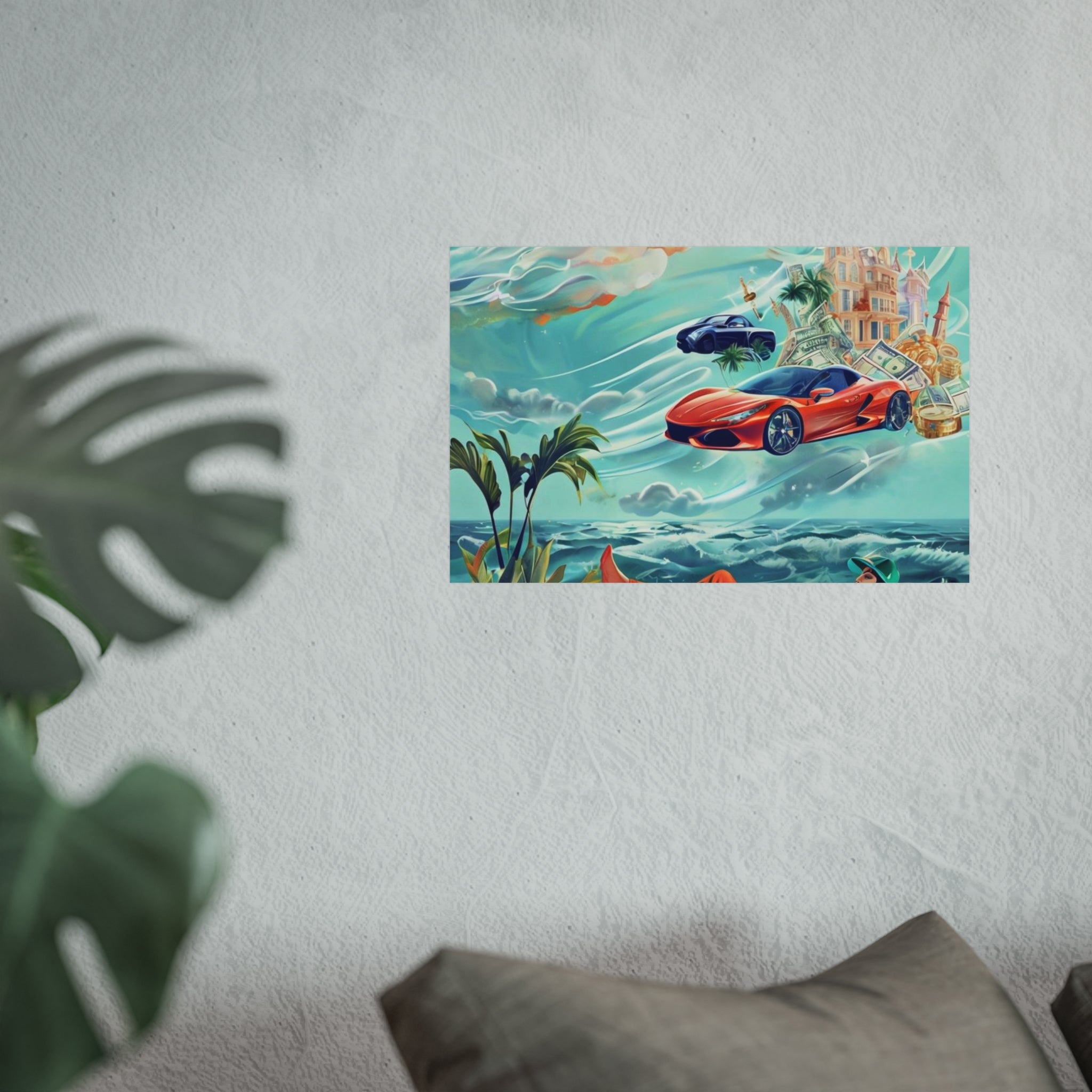Surreal Coastline Art Poster — Dreamy Sports Car & Lounging Figure Print