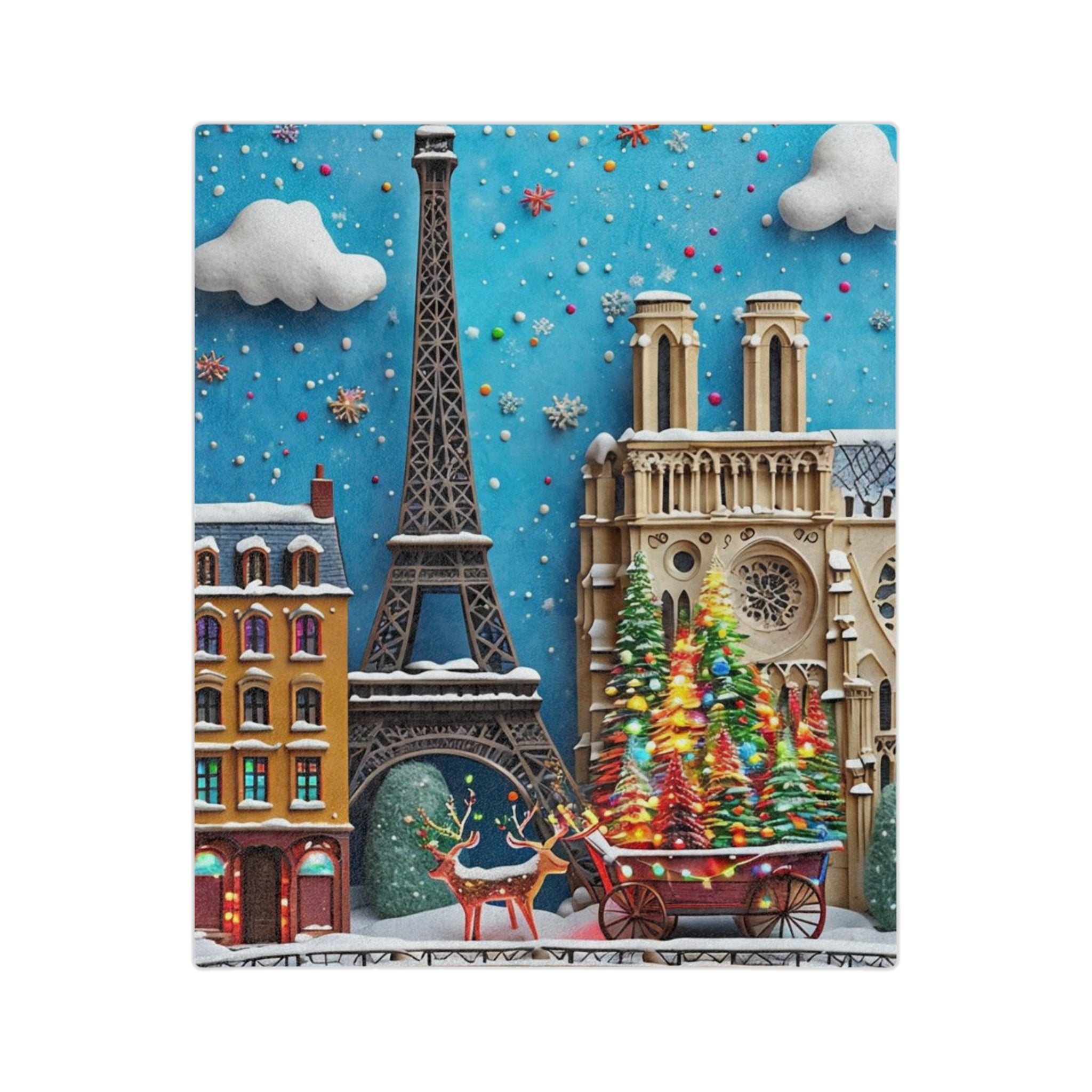 Christmas Paris Holiday Blanket — Eiffel Tower & Notre-Dame Winter Scene Velveteen Throw