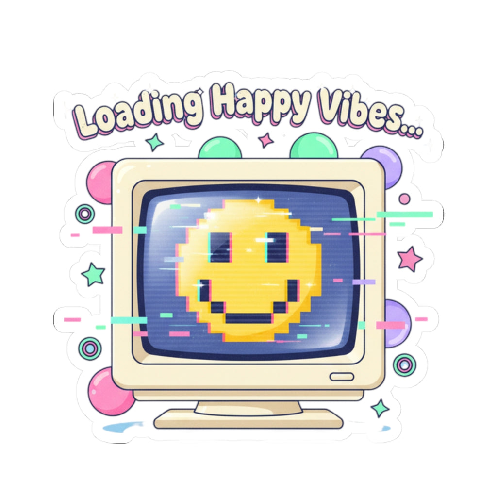 Loading Happy Vibes Pixel Monitor Sticker | Y2K Retro Tech Nostalgia