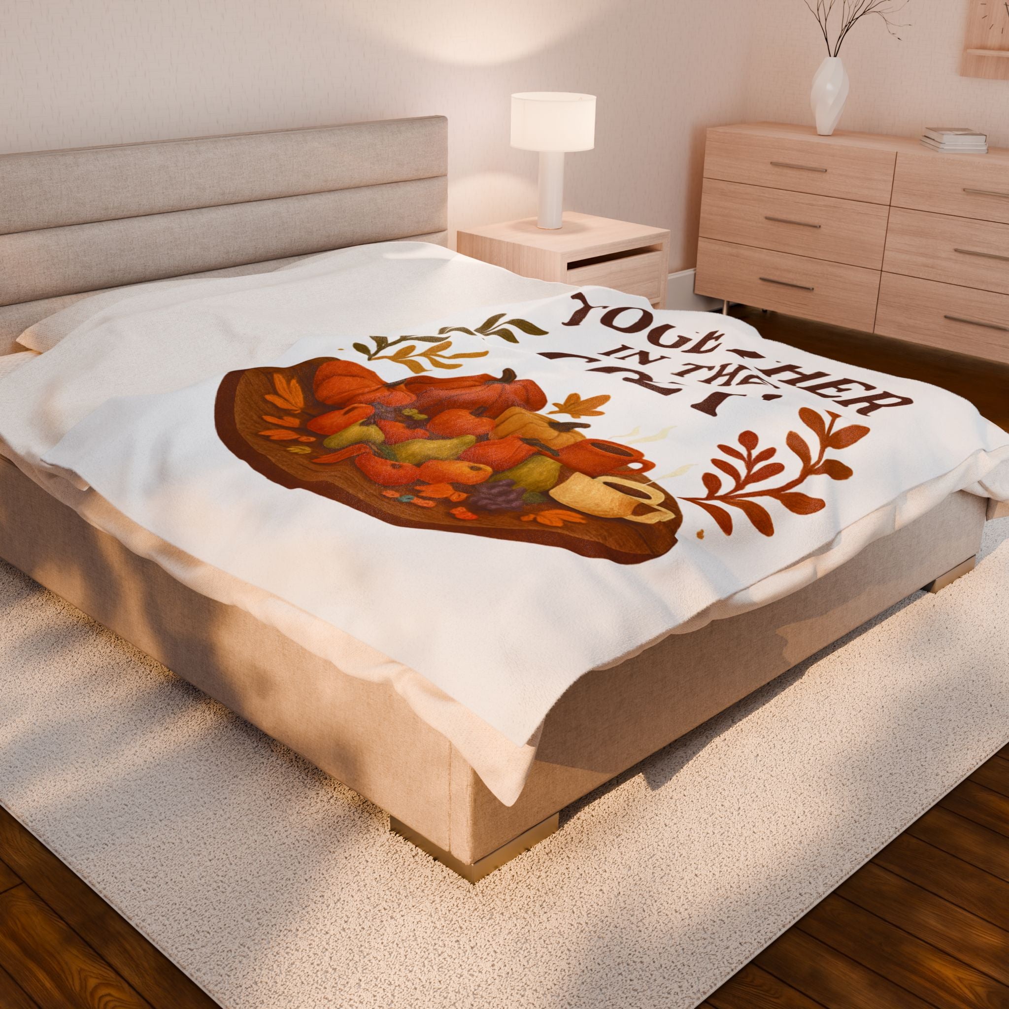 Velveteen Throw Blanket — "Together in the Cozy" Autumn Pumpkin & Warm Drink Design