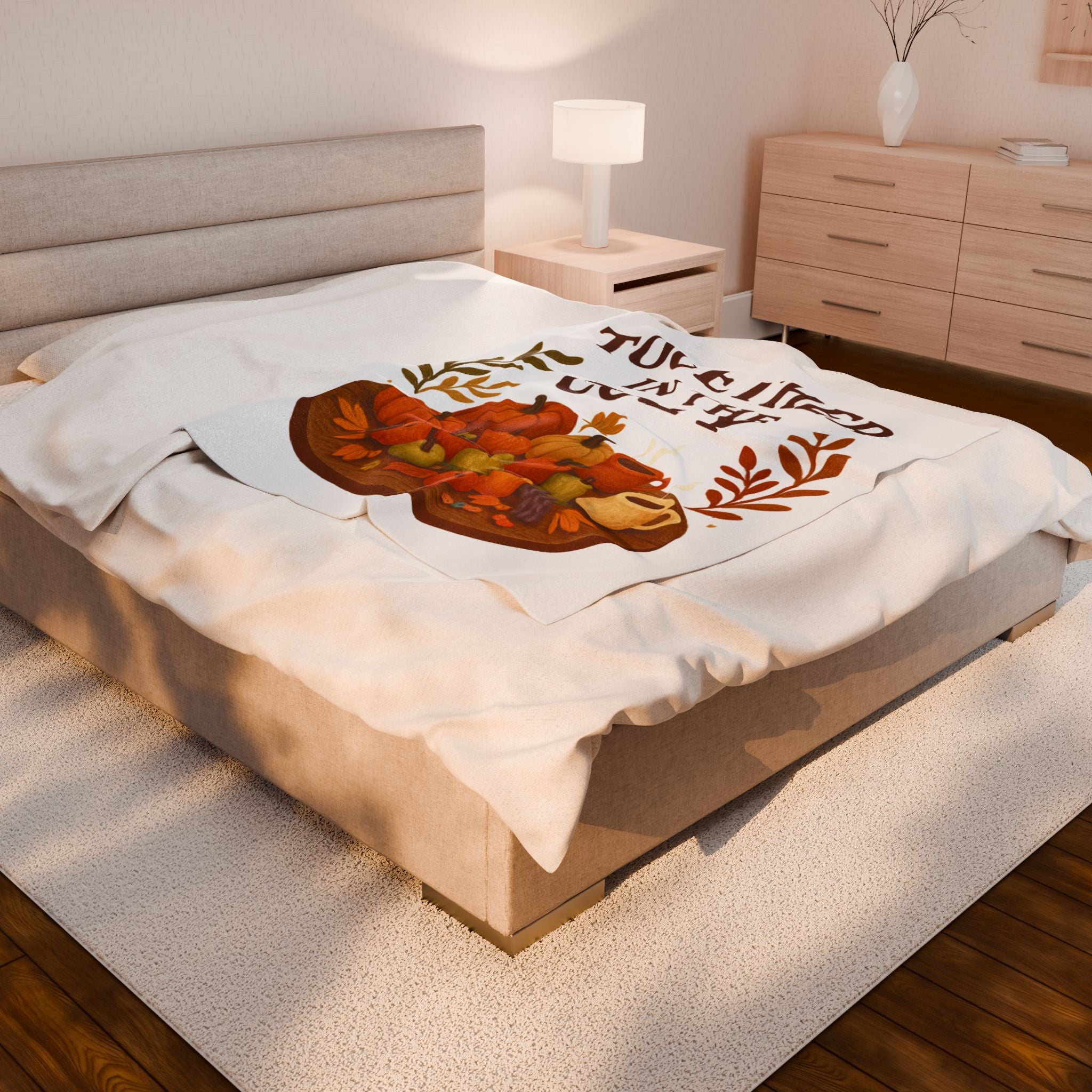 Velveteen Throw Blanket — "Together in the Cozy" Autumn Pumpkin & Warm Drink Design