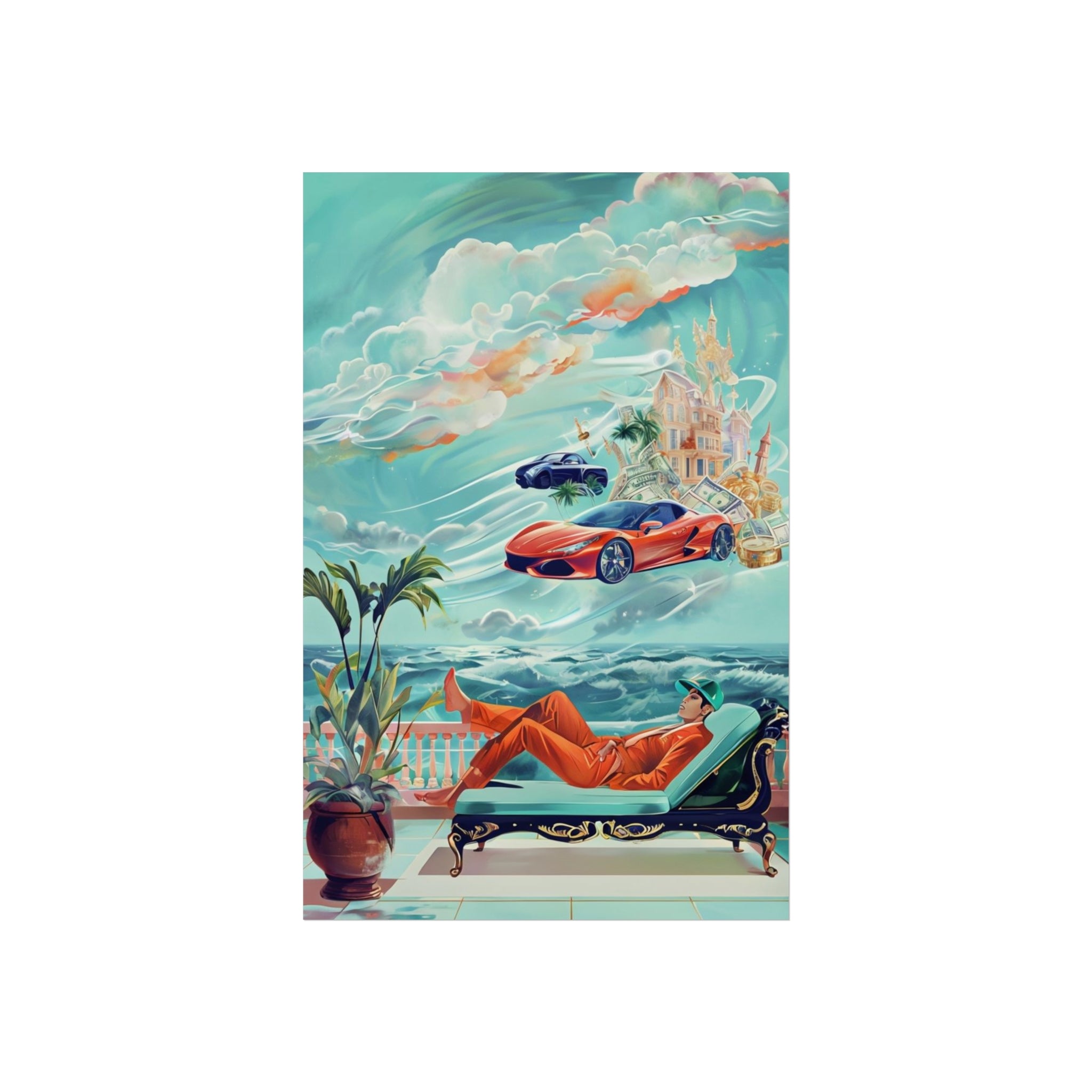 Surreal Coastline Art Poster — Dreamy Sports Car & Lounging Figure Print