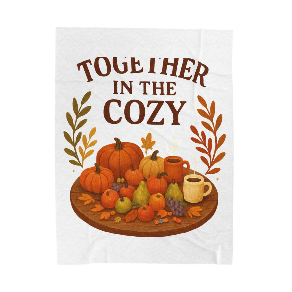 Velveteen Throw Blanket — "Together in the Cozy" Autumn Pumpkin & Warm Drink Design