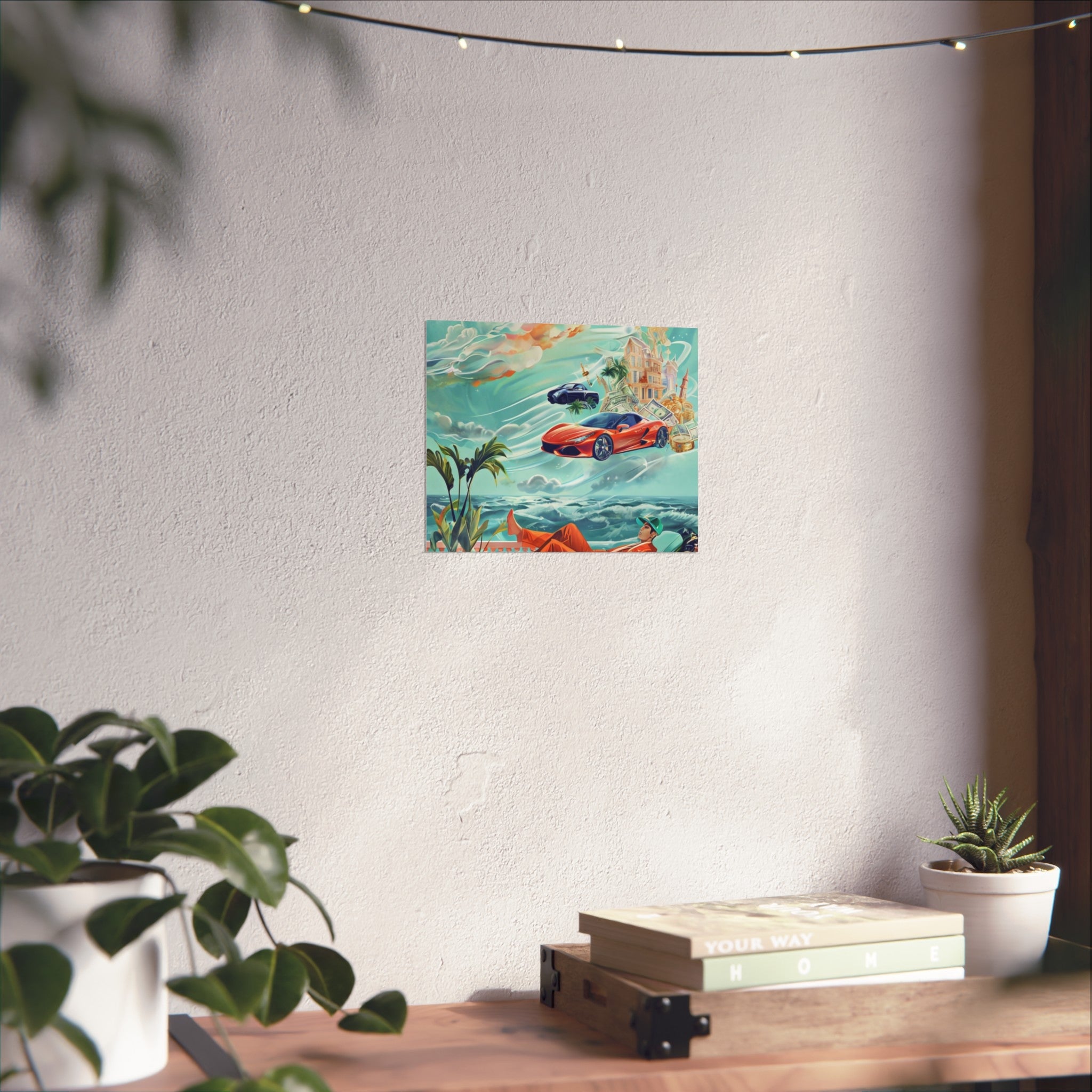 Surreal Coastline Art Poster — Dreamy Sports Car & Lounging Figure Print