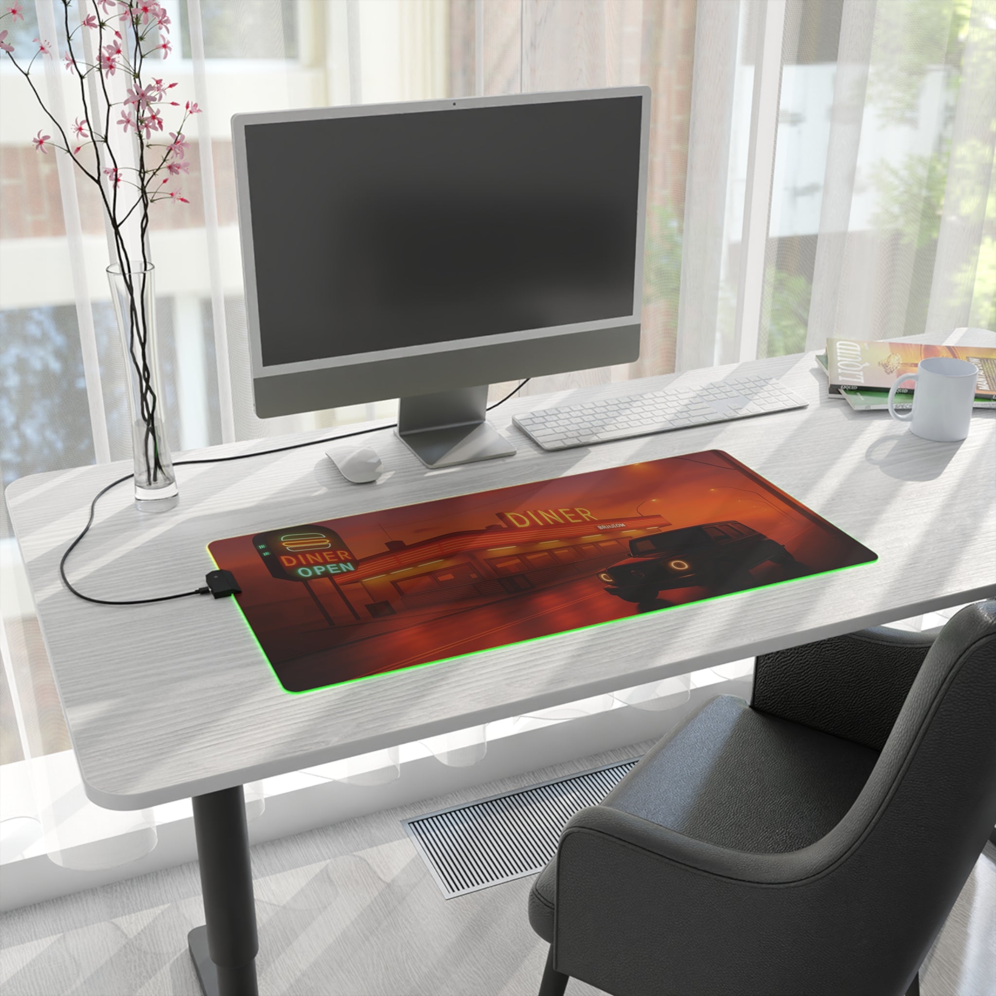 Retro Diner RGB Gaming Mouse Pad Neon LED Desk Mat Arcade Aesthetic Setup Gamer Gift Large Mousepad for Office and Desk Decor
