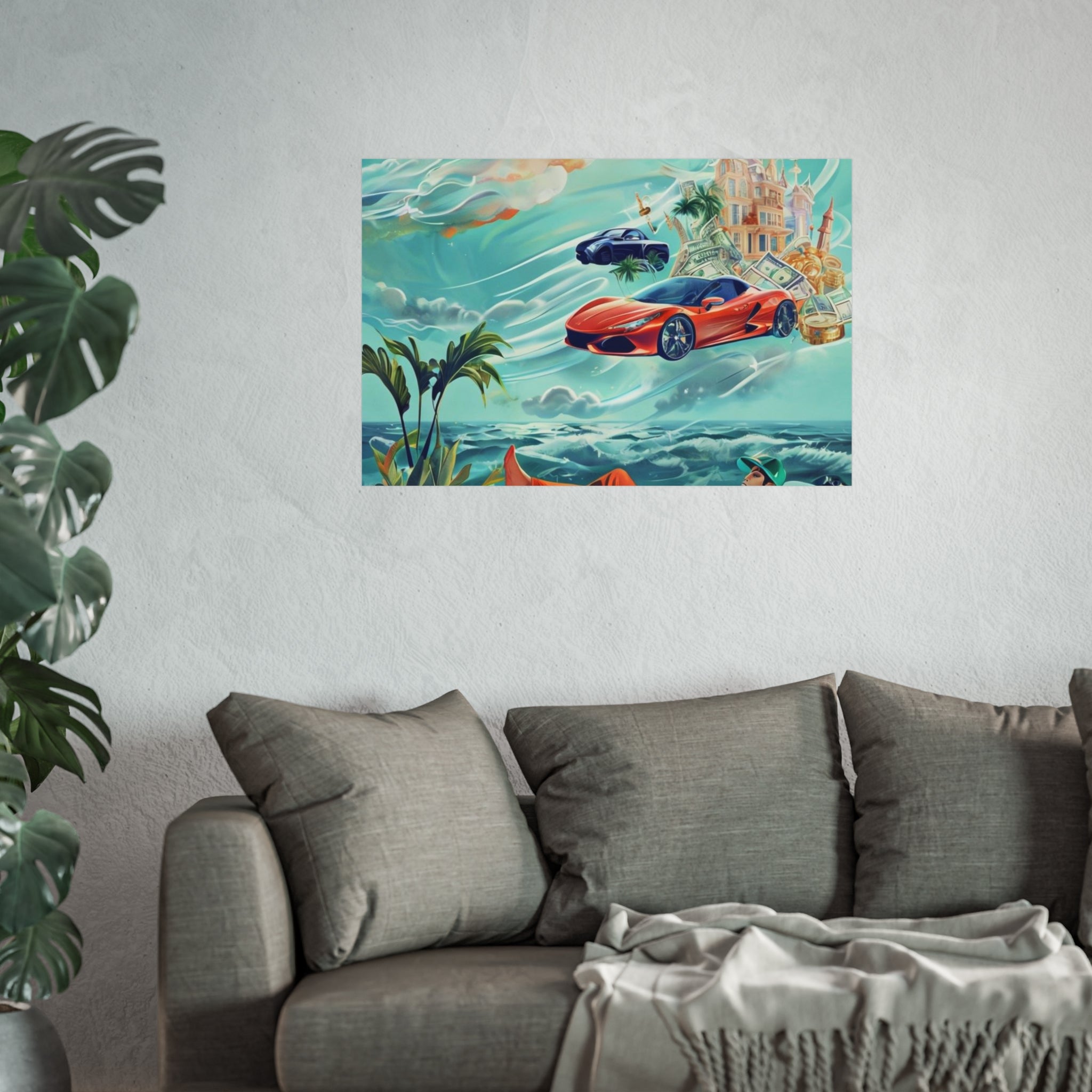 Surreal Coastline Art Poster — Dreamy Sports Car & Lounging Figure Print