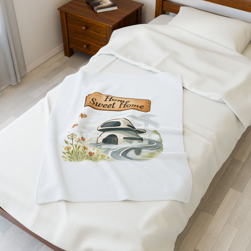 Home Sweet Home Velveteen Plush Blanket — Cozy Cottage Illustration Throw