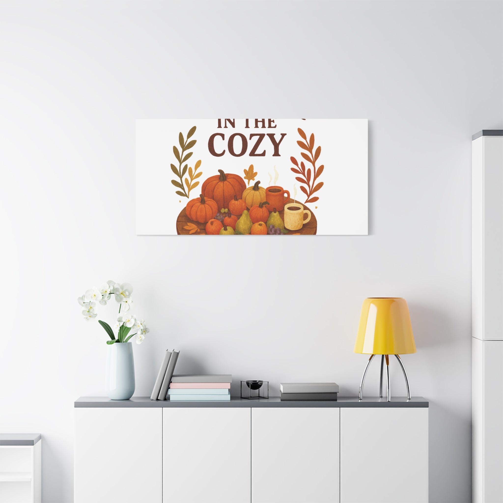 Fall Harvest Cozy Canvas Wall Art – "In The Cozy" Pumpkin & Coffee Autumn Decor