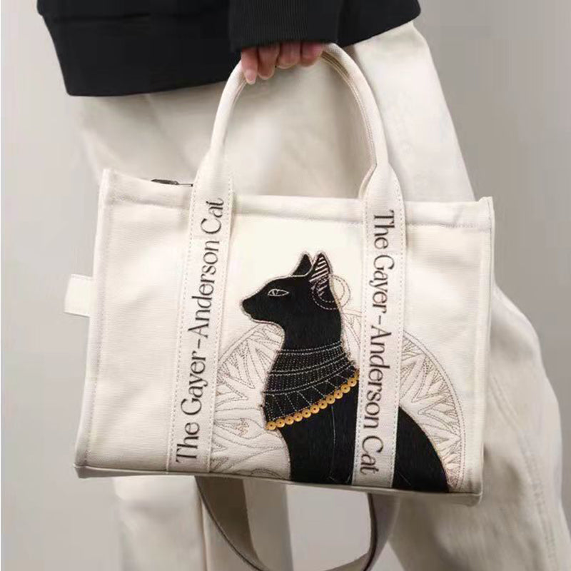Chic Cat Embroidered Canvas Shoulder Bag - Perfect Messenger Crossbody for Students & Everyday Use