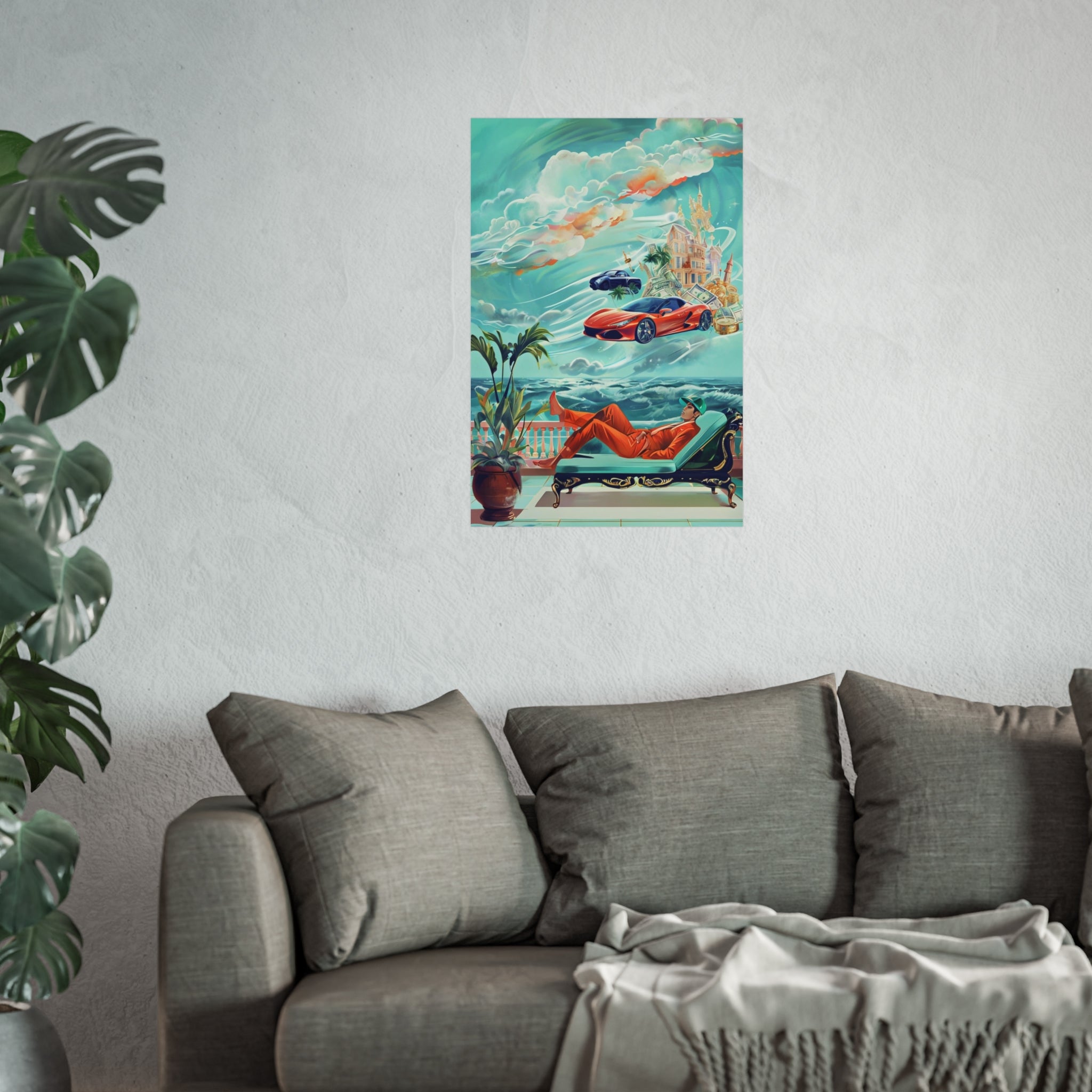 Surreal Coastline Art Poster — Dreamy Sports Car & Lounging Figure Print